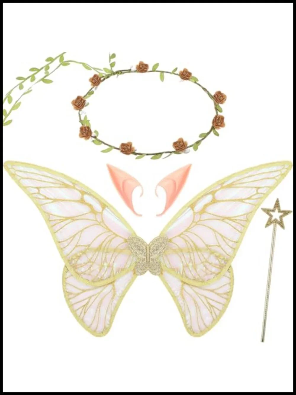 Fairy Wings Costume Set for Girls - Butterfly Wings, Flower Crown, Wand & Ears,